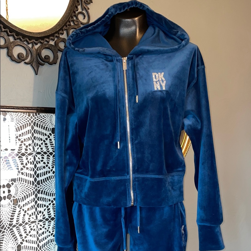 DKNY Women's Rich Blue Velour Hoodie and pants set - Picture 3 of 13